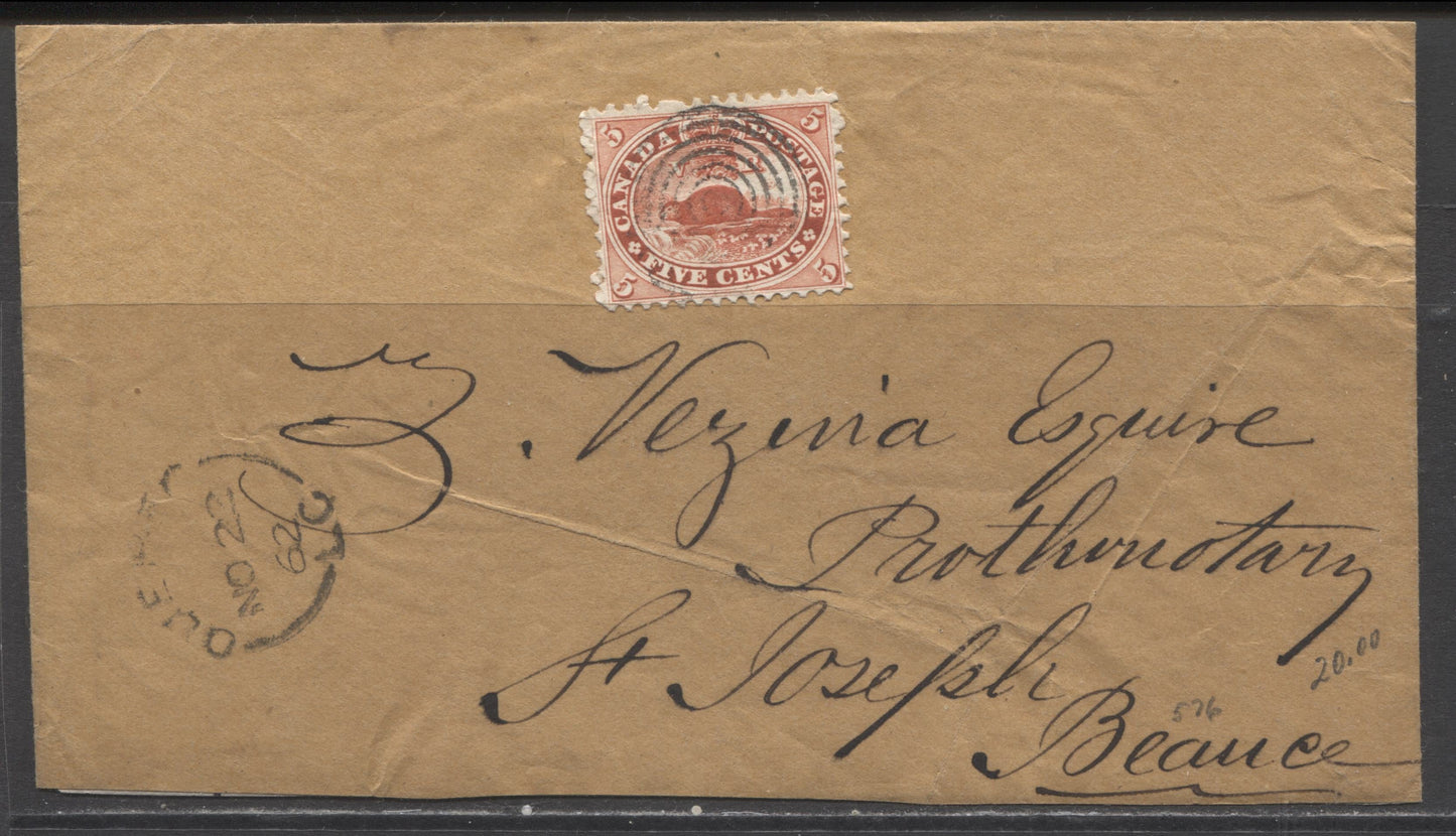 Lot 311 Canada #15 5c Vermillion, Beaver, 1859-1867 First Cents Issue, Single Usage of Perf. 12 on November 22, 1862 Cover to St. Joseph Beauce, Quebec