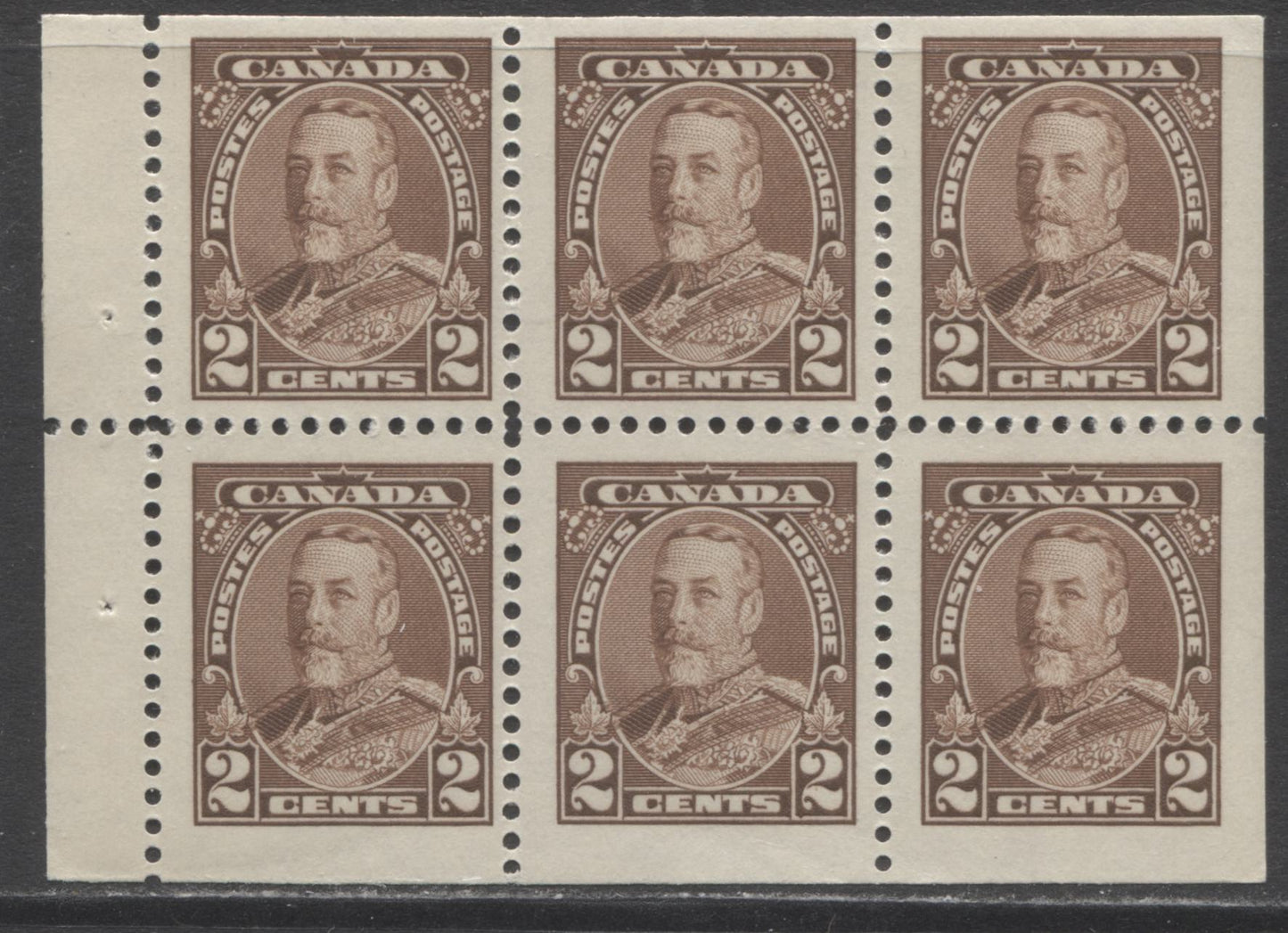 Lot 312 Canada #218b 2c Brown King George V, 1935 Pictorial Issue, A Fine NH Booklet Pane Of 6 On Vertical Wove Paper With Cream Gum