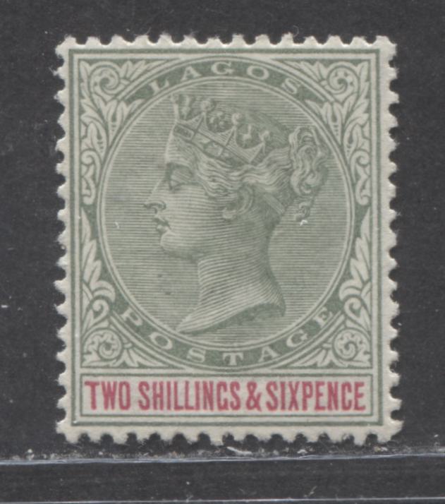 Lot 435 Lagos SG#39 (SC#34) 2/6d Dull Green and Carmine, Queen Victoria, 1887-1902 Bicoloured Crown CA Watermarked Issue, a VFNH Example, 2022 Scott Classic Cat. $27.5 USD for Hinged,  Click on Listing to See ALL Pictures
