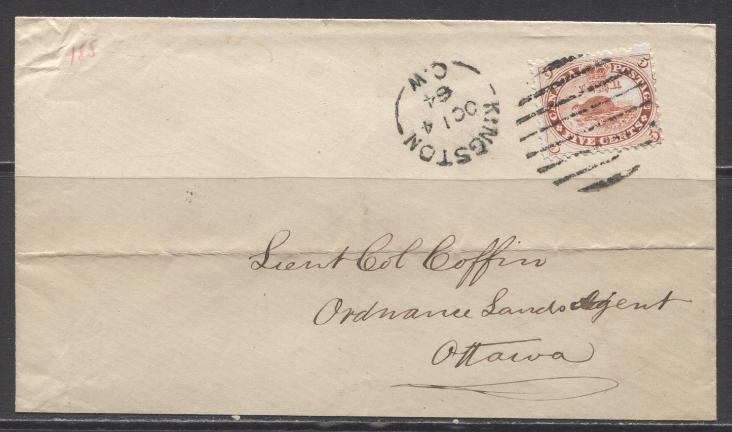 Lot 312 Canada #15ii 5c Orange Red, Beaver, 1859-1867 First Cents Issue, Single Usage of Perf. 11.75 x 12 on October 14, 1864 Cover to Ottawa, Beautiful Penmanship and Addressed to Lieutenant Colonel Coffin