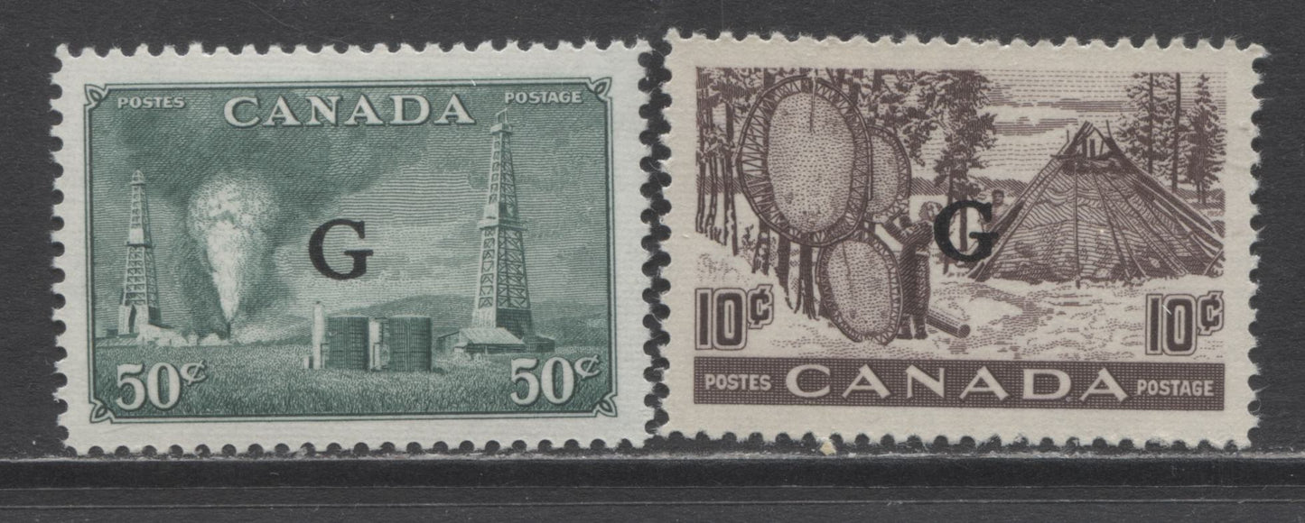 Lot 313 Canada #O24, O26 10c & 50c Black Brown & Dull Green Oil Well & Drying Skins, 1950-1951 G Overprinted Natural Resource Issue, 2 VFNH Singles On Horizontal Wove Papers With Cream Gum