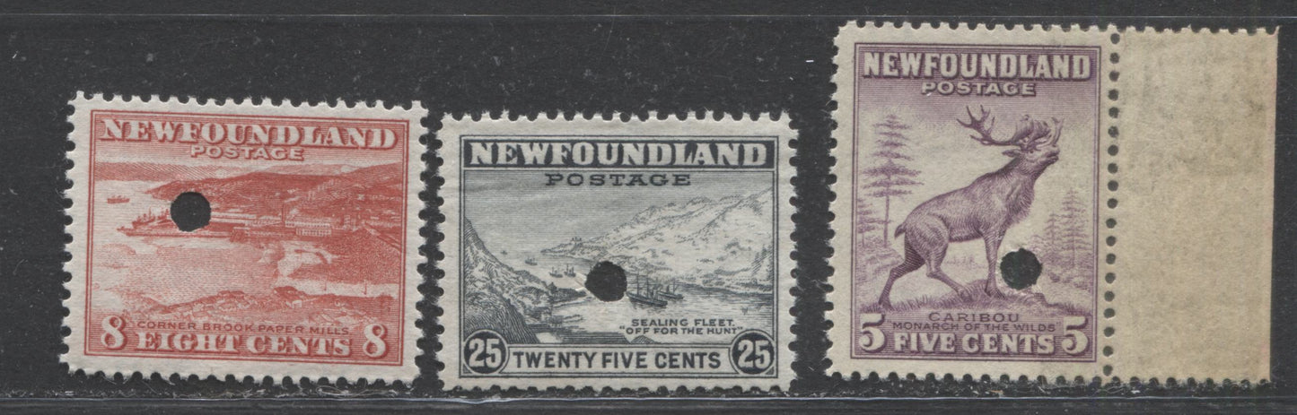 Lot 313 Newfoundland #257, 259, 265 5c, 8c & 25c Violet, Red & Slate Caribou, Corner Brook Paper Mill & Sealing Fleet, 1941-1944 Waterlow Printing Definitives, 3 Very Fine Unused Singles, Unlisted Requisition Proofs