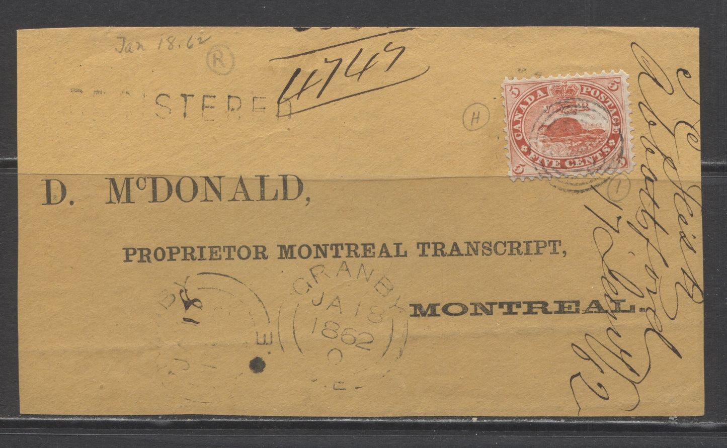 Lot 313 Canada #15ii 5c Orange Red, Beaver, 1859-1867 First Cents Issue, Single Usage of Perf. 11.75 x 12 on January 18, 1862 Registered Cover Front to Montreal, 7c Rate, 2c Registry Paid in Cash