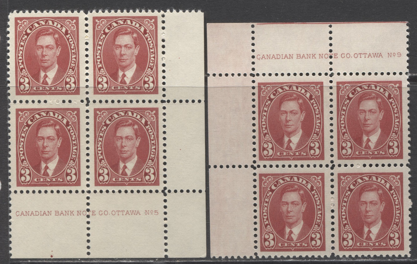 Lot 313 Canada #233 3c Carmine King George VI, 1937 Mufti Issue, 2 VFNH LR & UL Plates 5 & 8 Blocks Of 4 With Smooth Deep Cream Gum