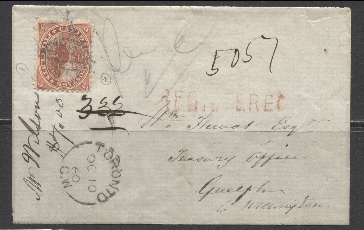 Lot 314 Canada #15c 5c Brick Red Beaver, 1859-1867 First Cents Issue, Single Usage of Perf. 11.75 on October 10, 1860 Registered Cover Front to Guelph, 7c Rate, 2c Registry Paid in Cash