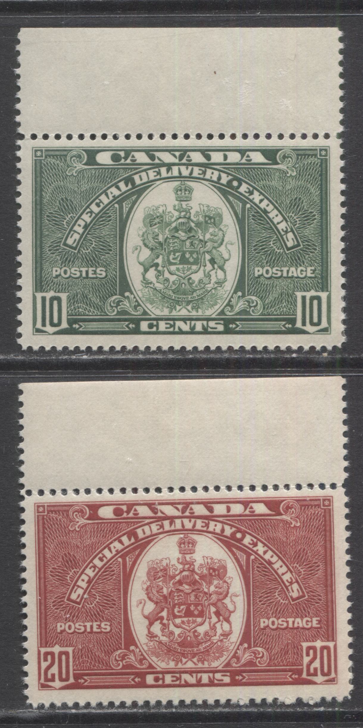 Lot 314 Canada #E7-E8 10c & 20c Dark Green & Dark Carmine Coat of Arms, 1938-1939 Special Delivery Issue, 2 VFOG Singles With Semi Glossy Cream & Crackly Cream Gum