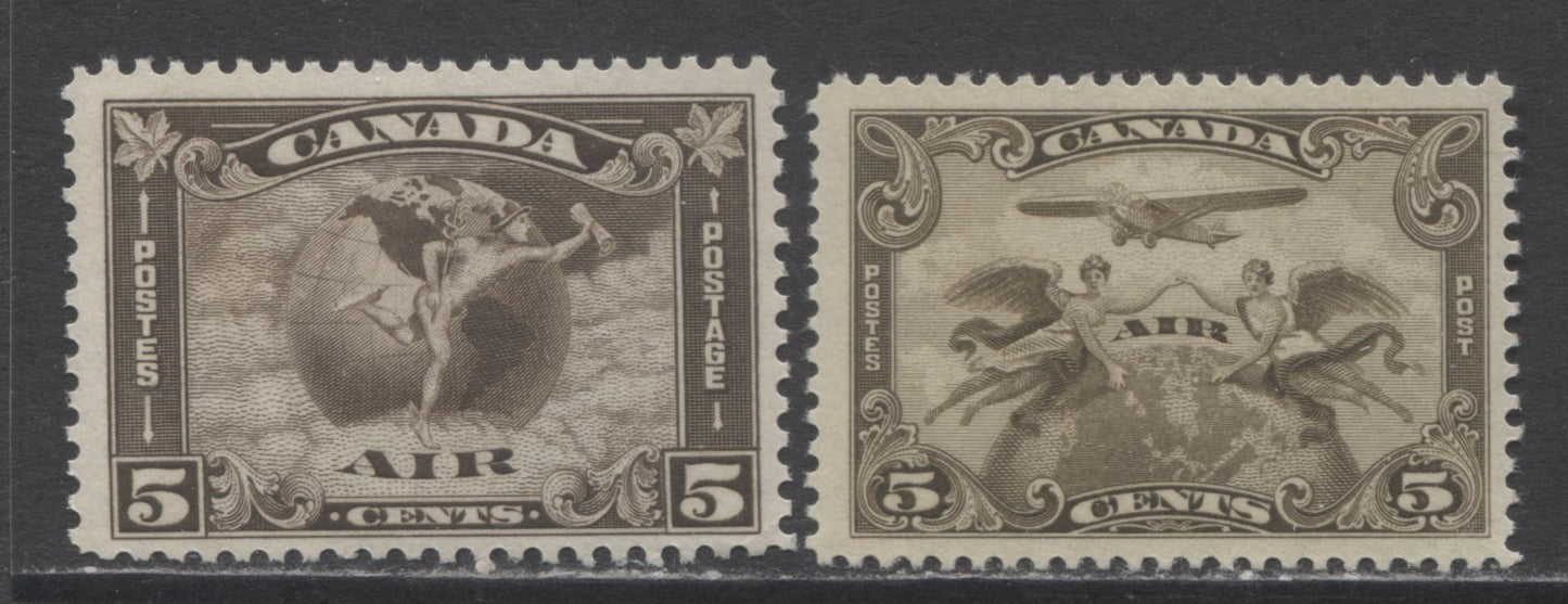 Lot 315 Canada #C1, C2 5c Brown Olive & Olive Brown Winged Figured Against Globe & Mercury With Scroll, 1928-1930 Airmail Issues, 2 FNH Singles