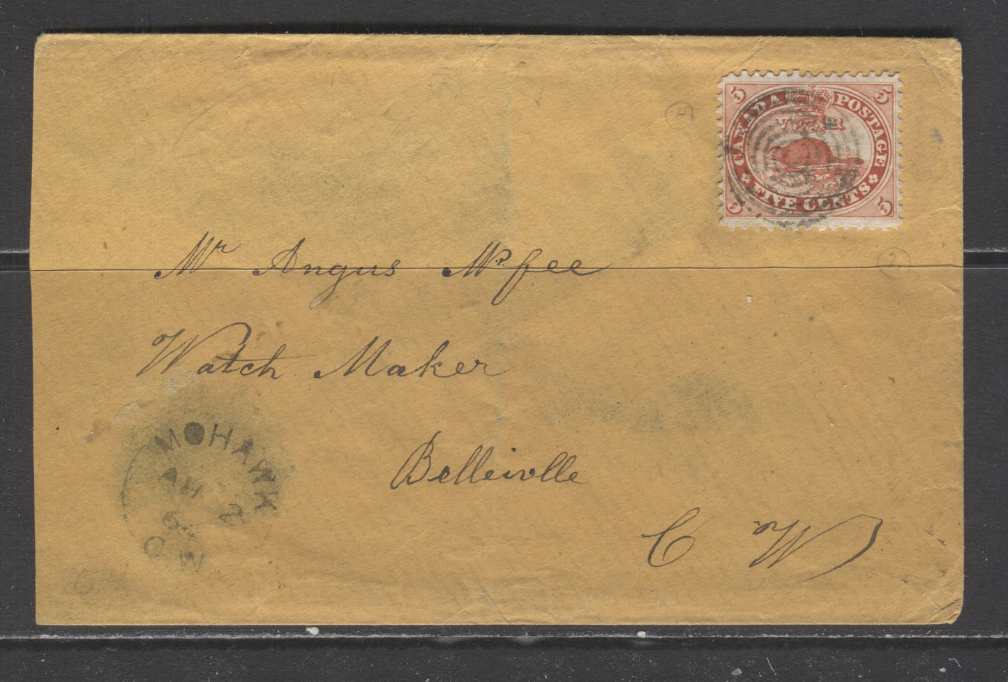 Lot 315 Canada #15ii 5c Orange Red, Beaver, 1859-1867 First Cents Issue, Single Usage of Perf. 11.75 x 12 on August 2, 1864 Cover to Bellville, ON