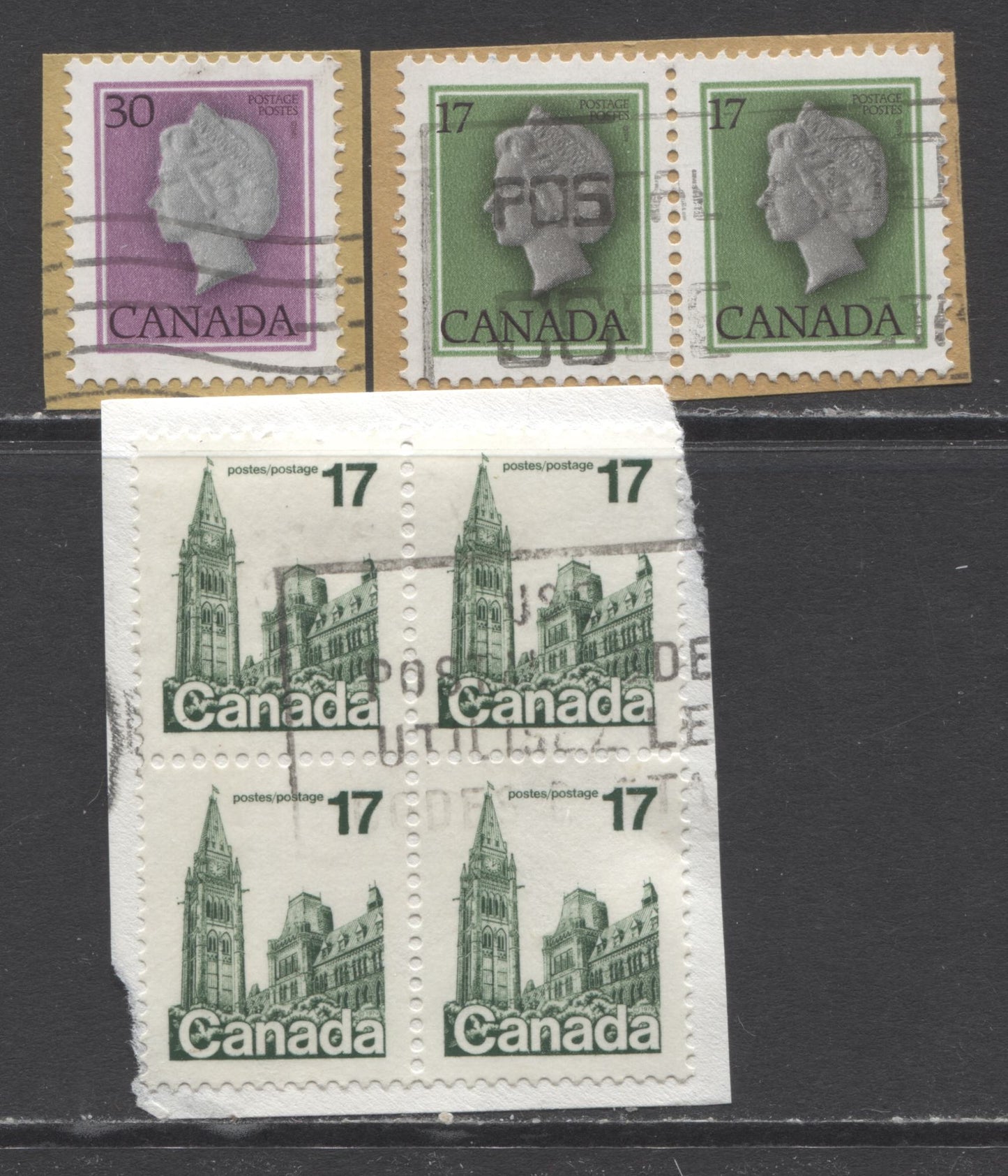 Lot 316 Canada #789-791 17c & 30c Green & Black - Deep Magenta & Black Queen Elizabeth II & Houses Of Parliament, 1977-1982 Environment Definitives, 3 Very Fine Used Singles, Pair & Block Of 4  With Tagging Errors