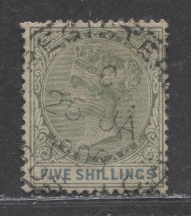 Lot 316 Lagos SG#40 (SC#36) 5/- Dull Green & Blue, Queen Victoria, 1887-1902 Bicoloured Crown CA Issue, a VF SON CDS Used Example,  January 25, 1905 Lagos Registered CDS, Scott Classic Cat. $175 USD,  Click on Listing to See ALL Pictures