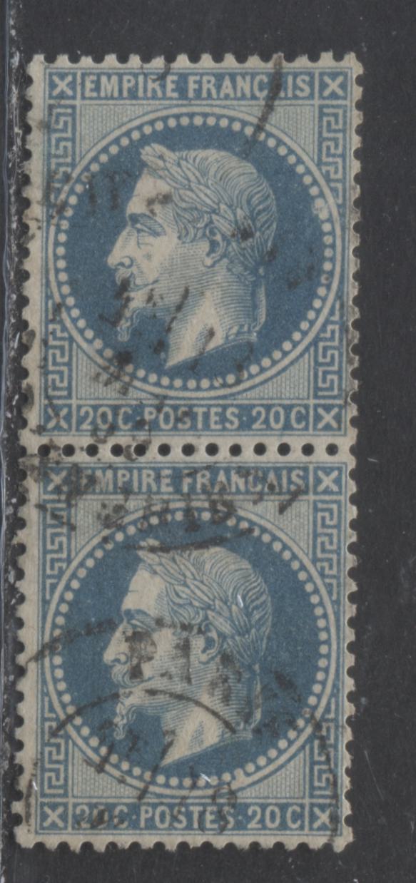 Lot 317 France SC#33e 20c Dark Blue 1863-1870 Perforated Laurel Wreath Napoleon III Definitive Issue, A Very Fine Used Vertical pair, 2022 Scott Classic Cat. $6.5 USD, Click on Listing to See ALL Pictures
