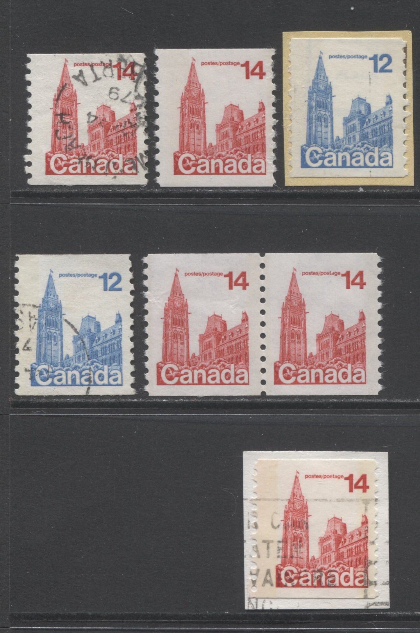 Lot 317 Canada #729-730 12c & 14c Blue & Red Houses Of Parliament, 1977-1982 Environment Definitive Coils, 5 Fine and Very Fine Used Singles With Tagging Errors