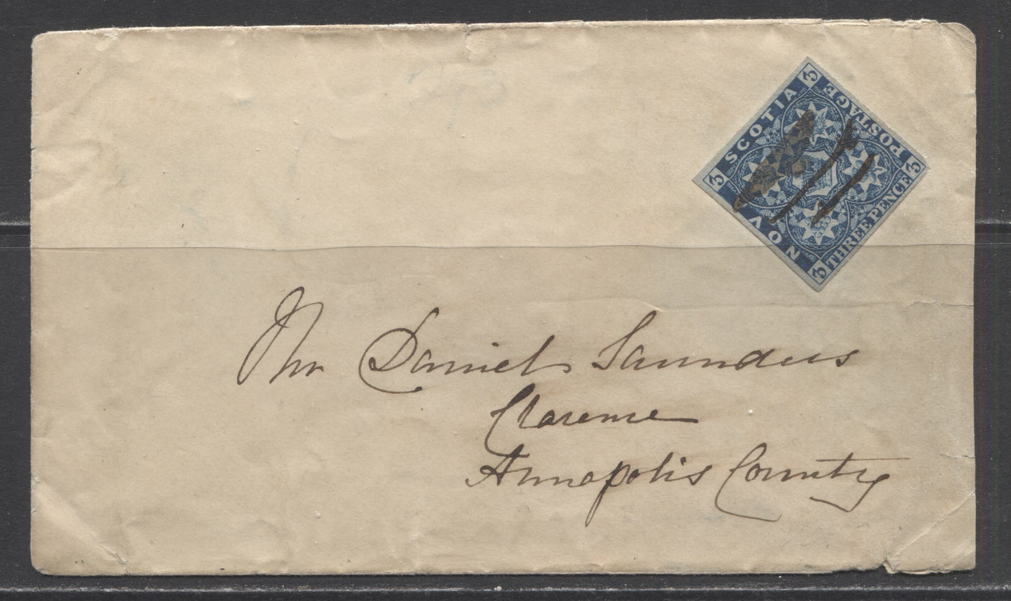 Lot 317 Nova Scotia #2 3d Blue Crown and Flowers, 1851-1857 Pence Issue, Single Use on 1850's Cover to Anapolis County, NS