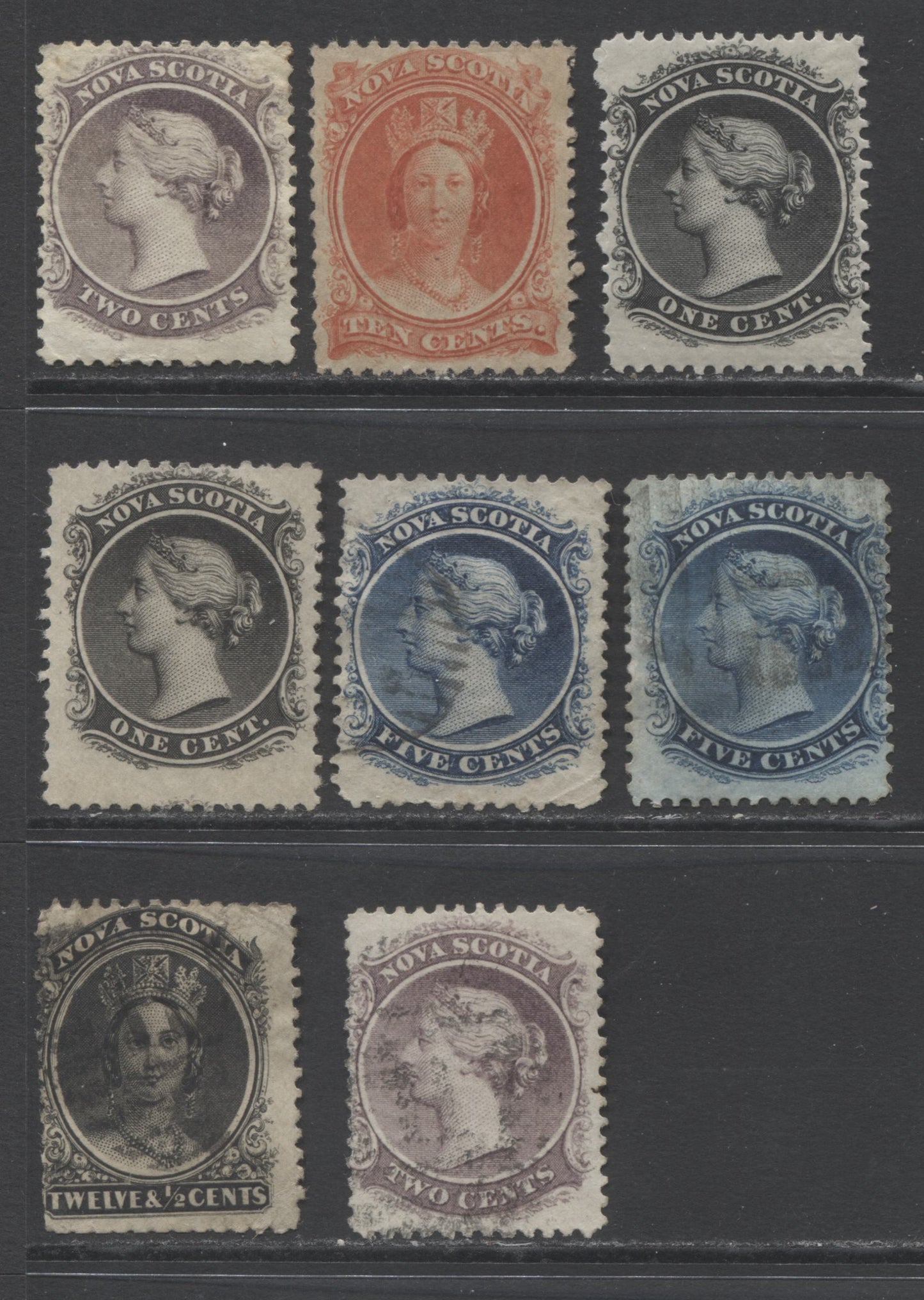 Lot 318 Nova Scotia #8-13 1c Black - 12.5c Black Queen Victoria, 1860-1863 Cents Issue, 8 Fair-Fine Used, OG & Unused Singles, Different Shades and Papers