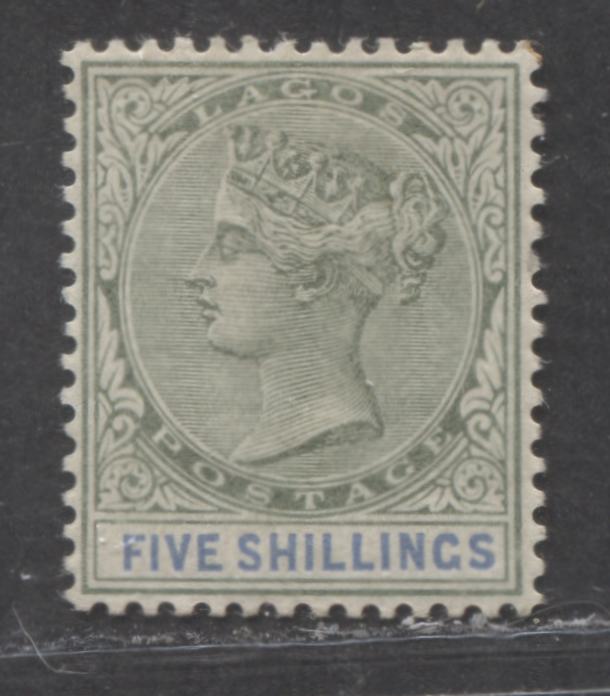 Lot 318 Lagos SG#40 (SC#36) 5/- Dull Green & Ultramarine, Queen Victoria, 1887-1902 Bicoloured Crown CA Watermarked Issue, a VF OG Example, 2022 Scott Classic Cat. $50 USD,  Click on Listing to See ALL Pictures