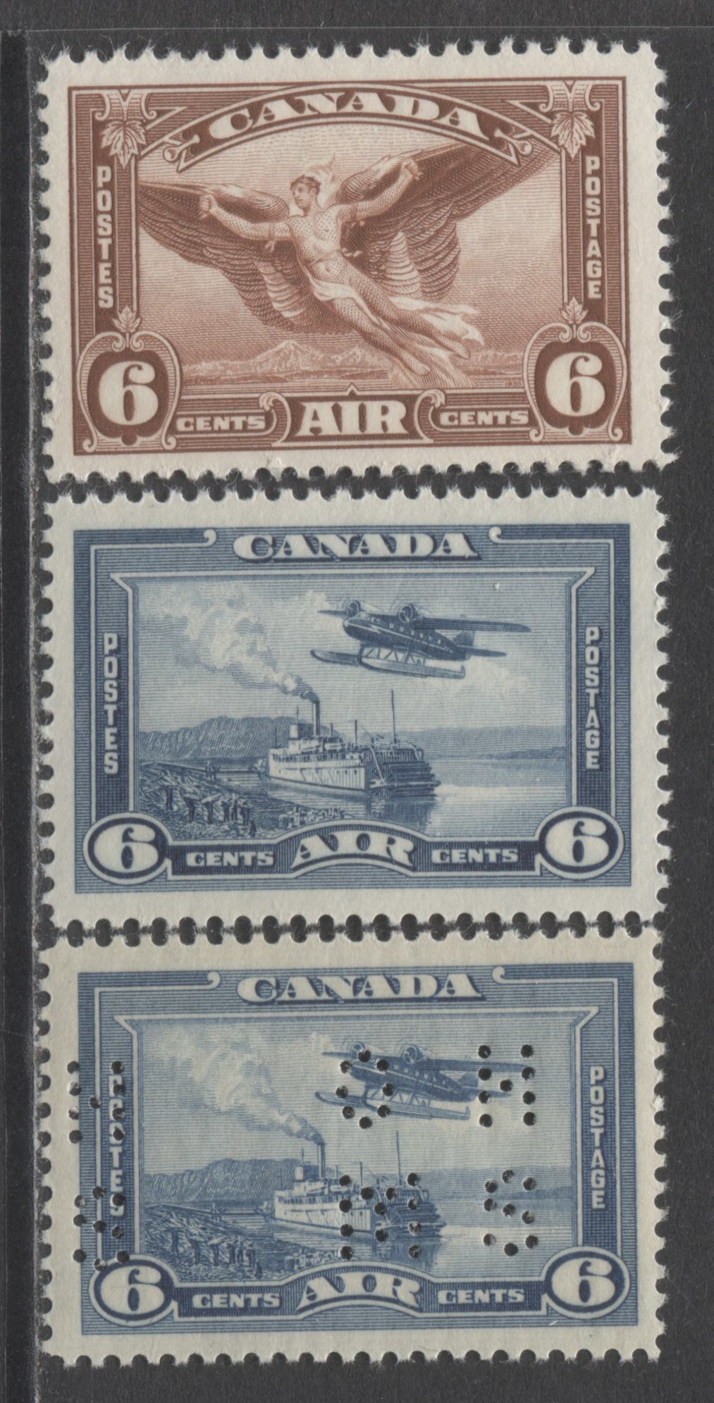 Lot 318 Canada #C5, C6, O9-C6 6c Red Brown & Blue Daedalus In Flight & Monoplane Over Mackenzie River, 1935-1938 Airmail Issues, 3 Fine NH and VFNH Singles On Different Papers With Cream Gum, and 4 Hole OHMS Perfin Position A