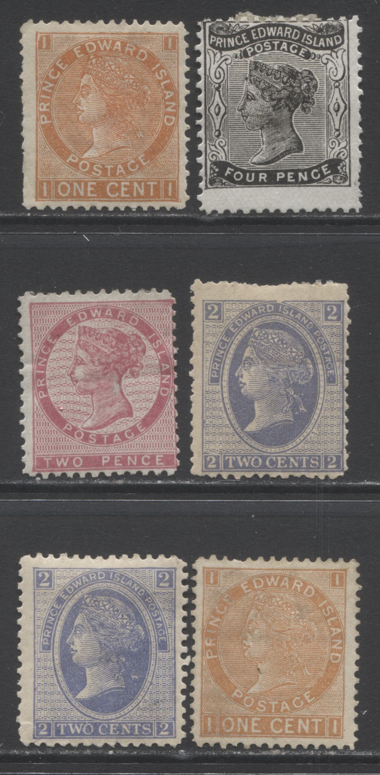 Lot 319 PEI #5, 9, 11, 12 2d - 2c Deep Rose - Powder Blue & Queen Victoria, 1862-1872 Pence & Cents Issue, 6 VGOG and Fine OG Singles