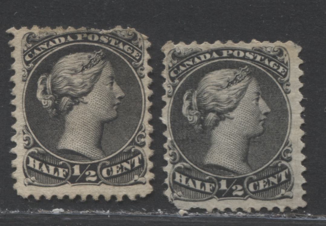 Lot 319 Canada #21 1/2c Black Queen Victoria, 1868-1897 Large Queen Issue, Two Ungraded Examples First Ottawa Printing, Perf. 12, Duckworth Papers 3 and 4, Ungraded Reference Lot
