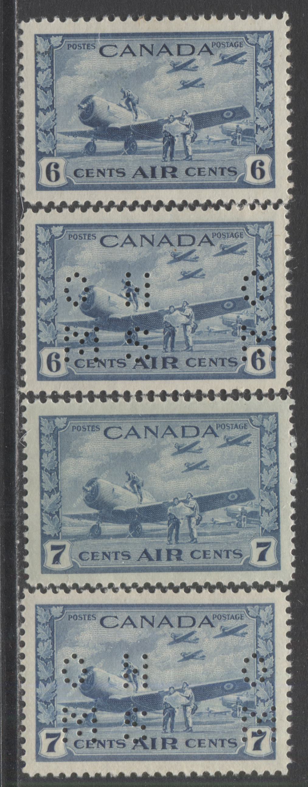 Lot 319 Canada #C7-C8, O9-C7, O9-C8 6c & 7c Deep Blue British Commonwealth Air Training Plan, 1942-1943 Airmail Issues, and 4 Hole OHMS Perfins, 4 VFNH Singles On Horizontal & Vertical Wove Papers With Cream Gum, Position A