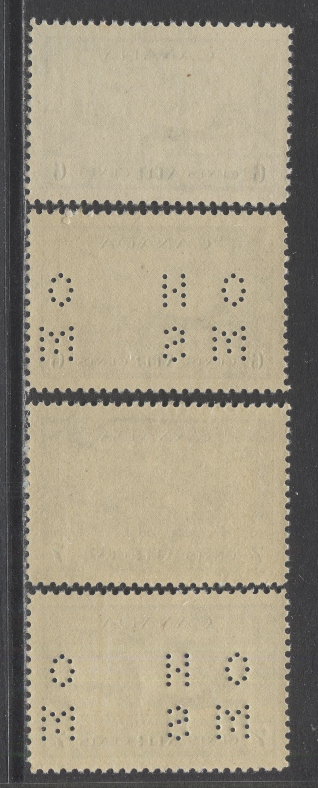 Lot 319 Canada #C7-C8, O9-C7, O9-C8 6c & 7c Deep Blue British Commonwealth Air Training Plan, 1942-1943 Airmail Issues, and 4 Hole OHMS Perfins, 4 VFNH Singles On Horizontal & Vertical Wove Papers With Cream Gum, Position A