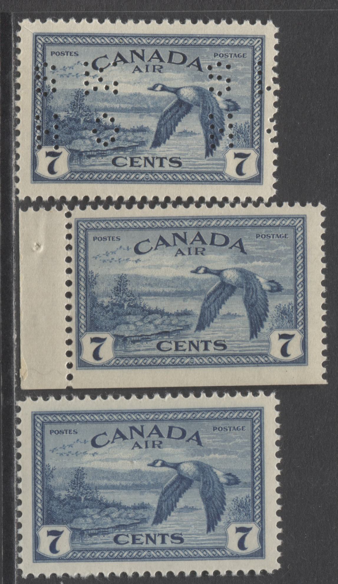 Lot 320 Canada #C9, C9as, O9-C9 7c Deep Blue Canada Geese Near Sudbury, 1946 Airmail Issue, 3 Fine NH and VFNH Singles ON Horizontal Ribbed Papers With Cream Gum and 4 Hole OHMS Perfin, Position C