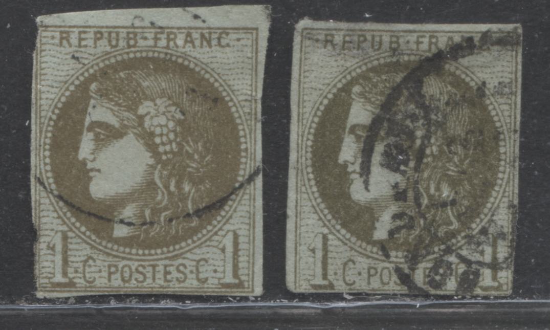 Lot 320 France SC#38 2 shades Of 1c Olive Green On Pale Blue Paper 1870-1871 Imperf Bordeaux Definitive Issue, 2 Fair/Good Used Examples, 2022 Scott Classic Cat. $200 USD, Net. Est. $10, Click on Listing to See ALL Pictures