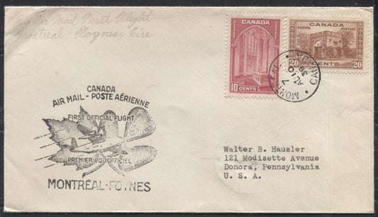 Lot 32 Canada #241a, 243 10c Carmine Rose Memorial Chamber & 20c Red Brown Fort Garry, 1937-1942 Mufti Issue, Combination Usage on 1939 First Flight Cover