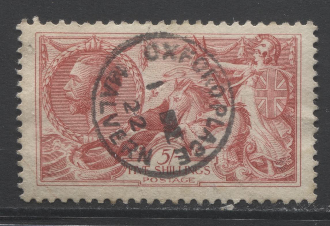 Lot 32 Great Britain SC#180 5/- Carmine Rose 1919-1934 Bradbury Wilkinson Seahorse Issue, A Fine Used Example, Click on Listing to See ALL Pictures