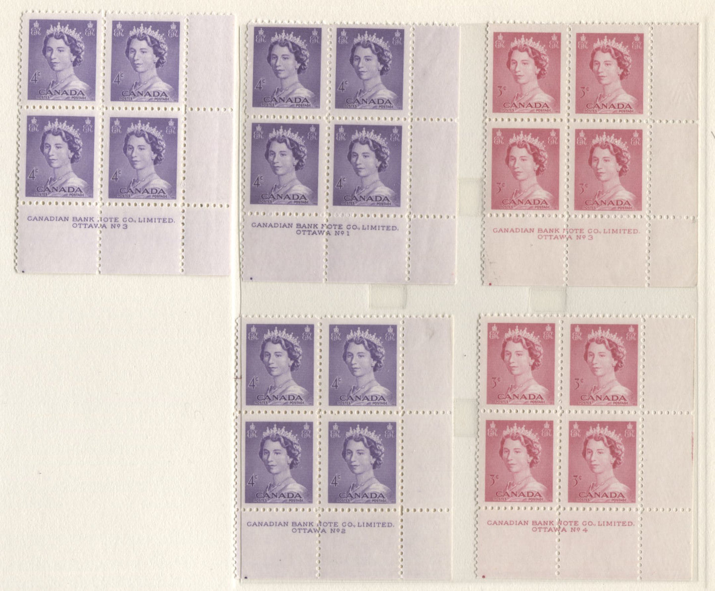 Lot 32 Canada #326-328 2c - 4c Green - Violet Queen Elizabeth II, 1953 Karsh Issue, 9 VFNH LR Plates 1-5 Blocks Of 4