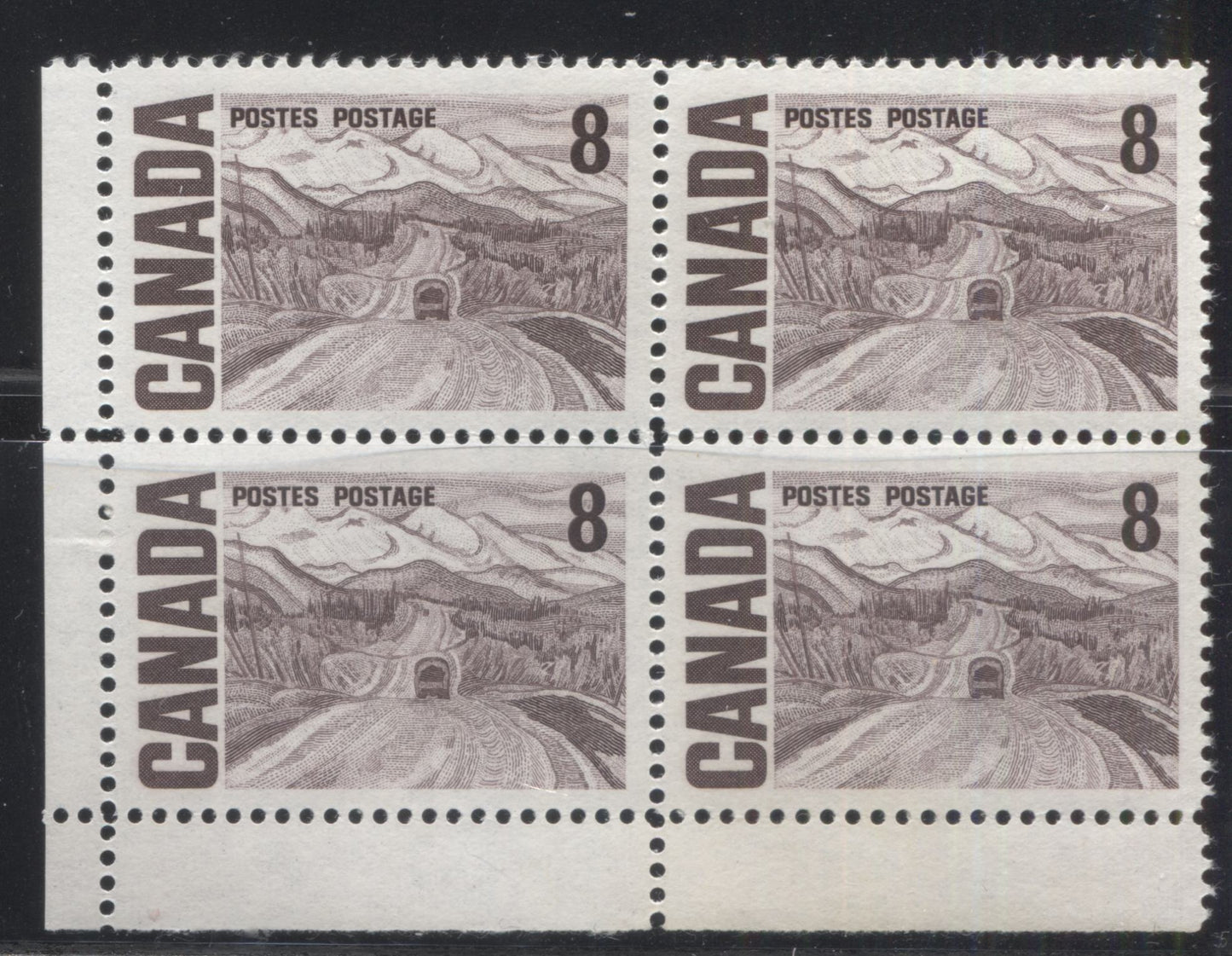 Lot 32 Canada #461ii 8c Violet Brown Alaska Highway, 1967-1973 Centennial Definitive Issue, A VFNH LL Field Stock Block Of 4 On HB10 Vertical Wove, Vertical Ribbed Paper With Smooth Dex Gum