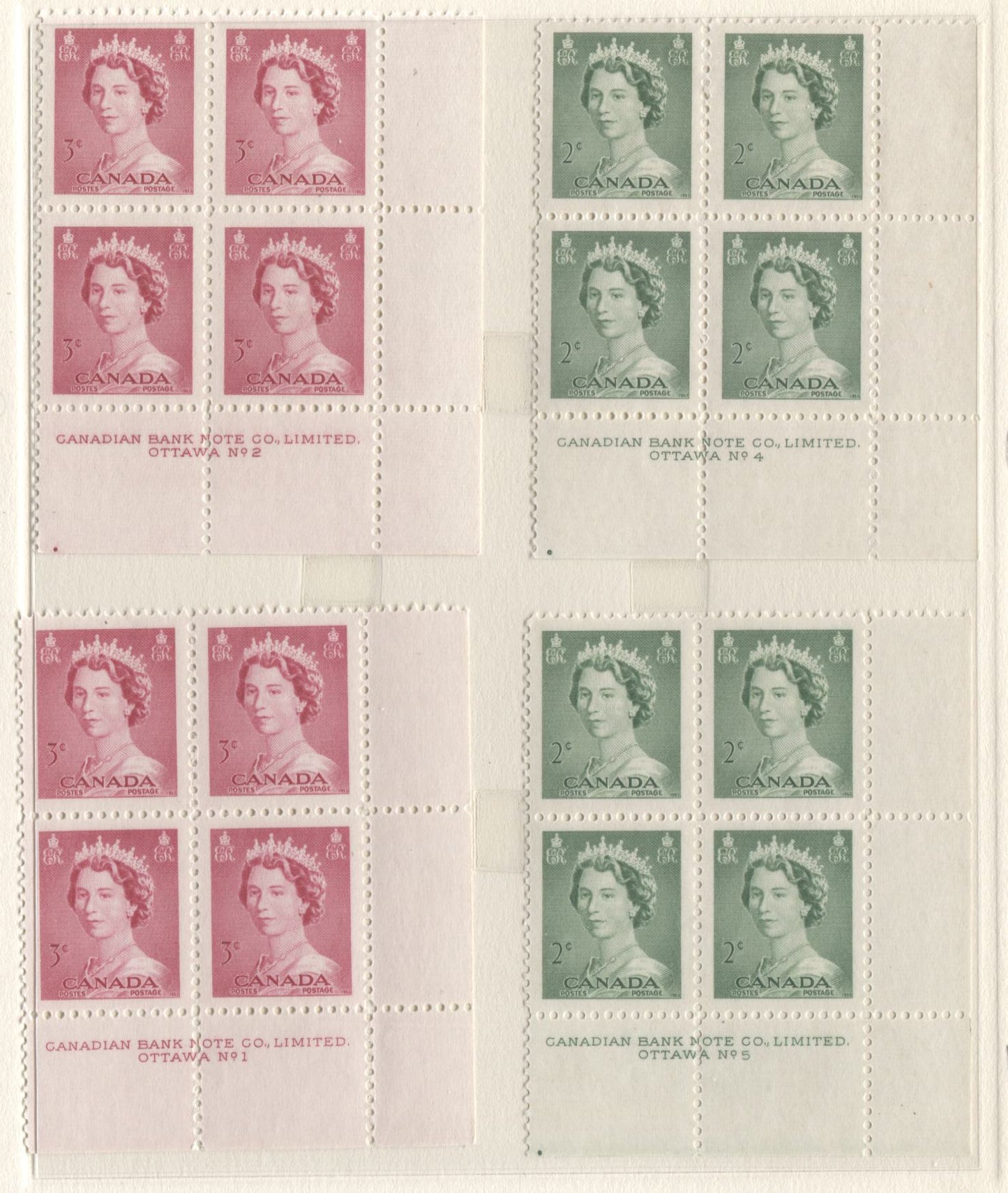 Lot 32 Canada #326-328 2c - 4c Green - Violet Queen Elizabeth II, 1953 Karsh Issue, 9 VFNH LR Plates 1-5 Blocks Of 4