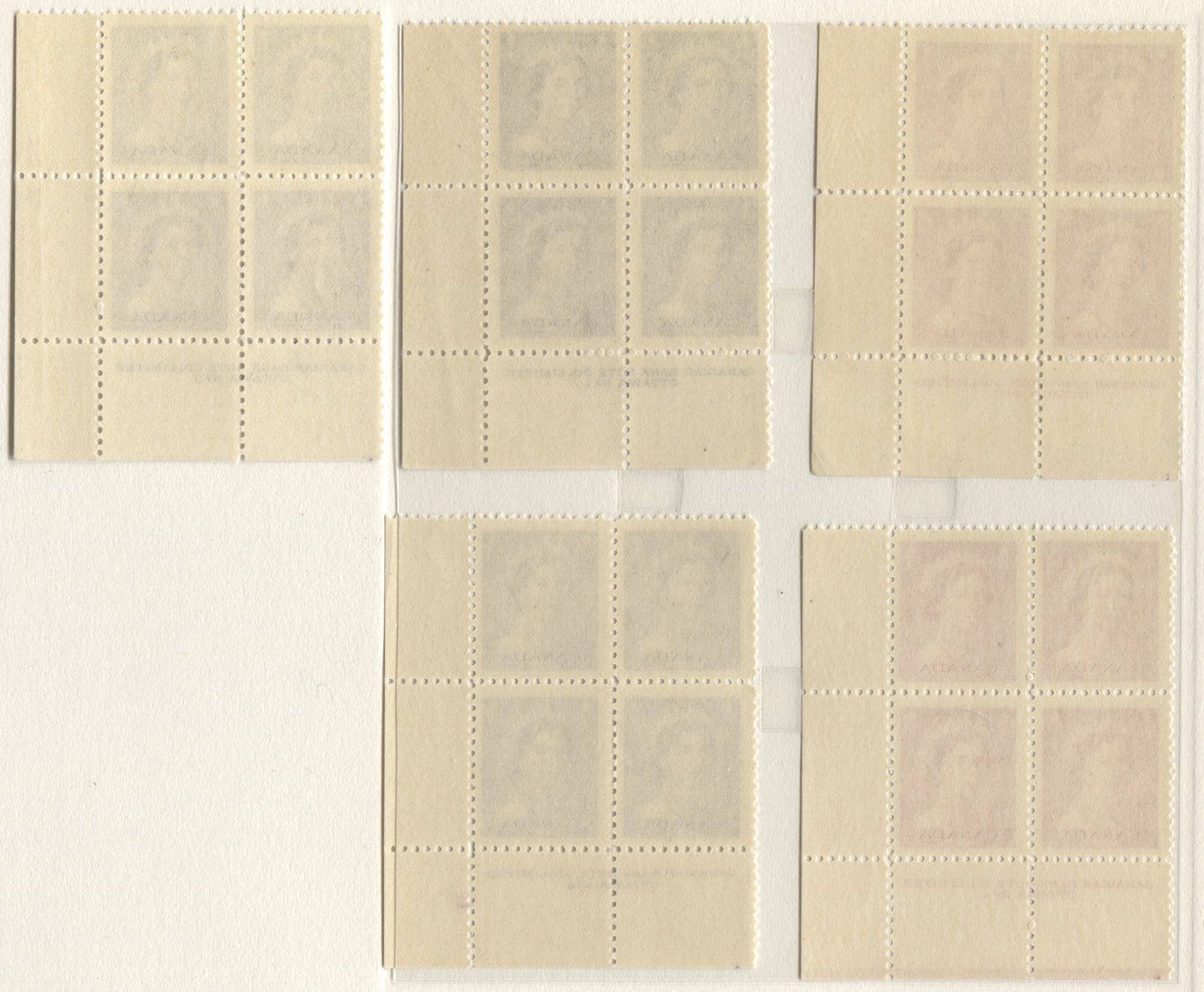 Lot 32 Canada #326-328 2c - 4c Green - Violet Queen Elizabeth II, 1953 Karsh Issue, 9 VFNH LR Plates 1-5 Blocks Of 4