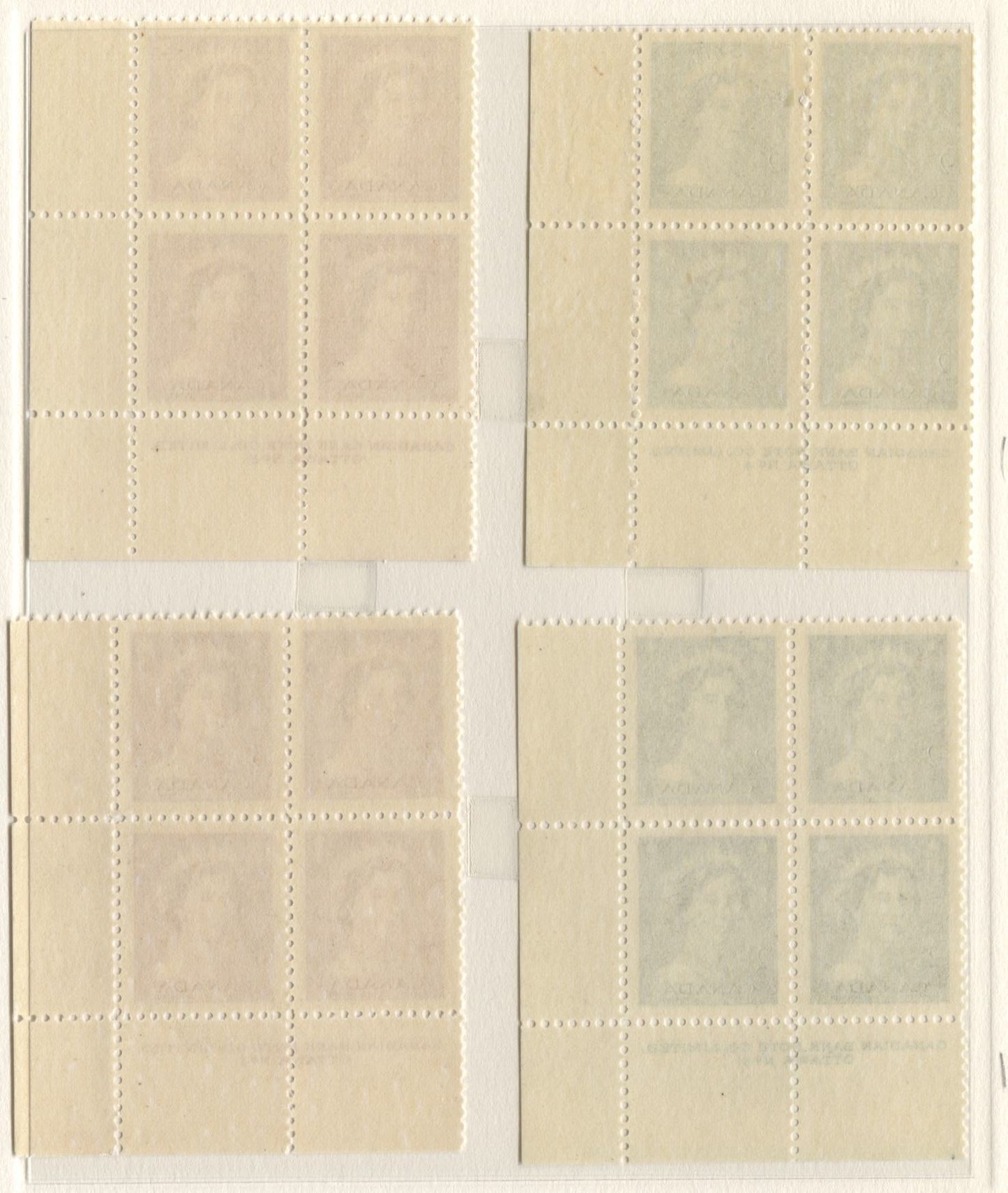 Lot 32 Canada #326-328 2c - 4c Green - Violet Queen Elizabeth II, 1953 Karsh Issue, 9 VFNH LR Plates 1-5 Blocks Of 4