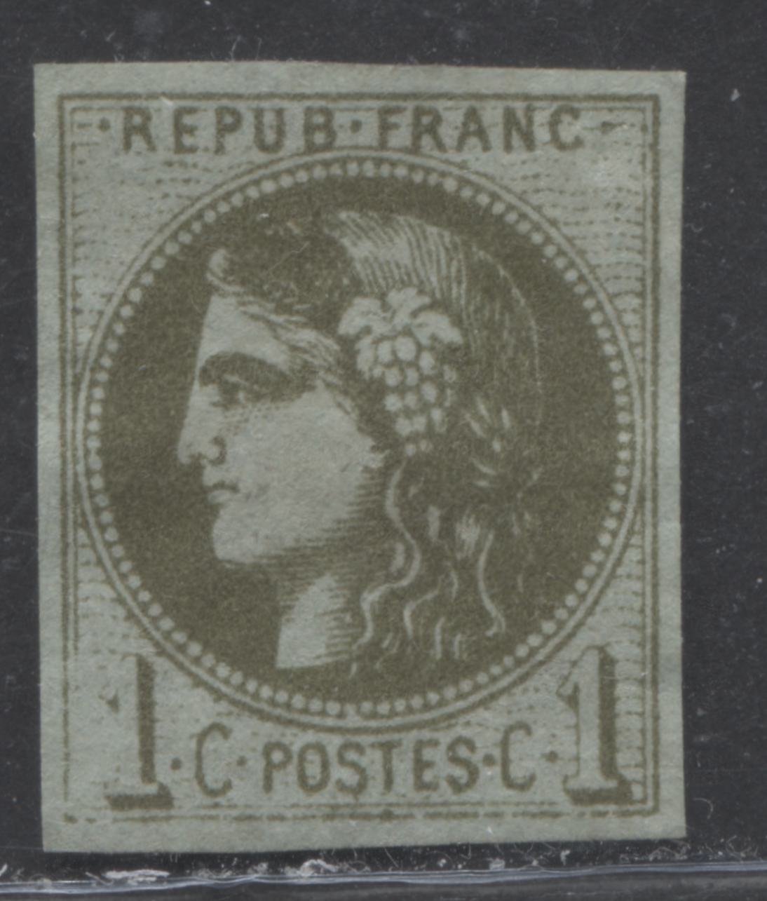 Lot 321 France SC#38a 1c Bronze Green On Pale Blue With Overprint & Weak Transfer 1870-1871 Imperf Bordeaux Definitive Issue, A Fine Unused Example, 2022 Scott Classic Cat. $75 USD, Net. Est. $40, Click on Listing to See ALL Pictures
