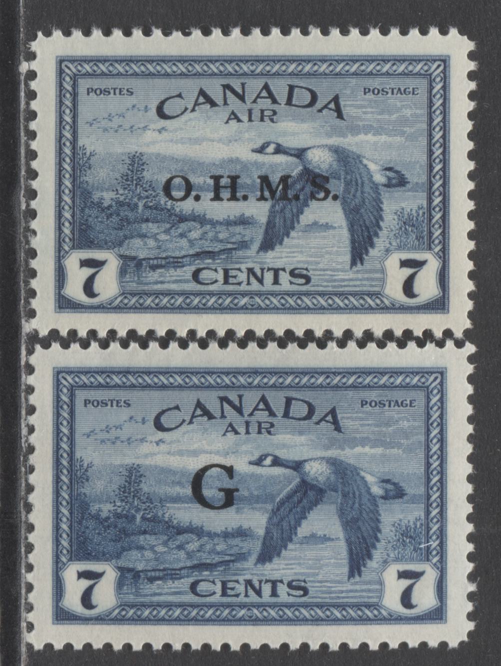 Lot 321 Canada #CO1-CO2 7c Deep Blue Canada Geese Near Sudbury, 1946-1950 OHMS & G Overprint Airmail Issues, 2 VFNH Singles On Horizontal Ribbed & Vertical Wove Papers With Cream Gum