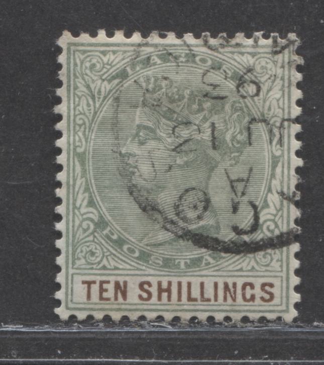 Lot 321 Lagos SG#41 (SC#38) 10/- Dull Bluish Green & Deep Brown Queen Victoria, 1887-1902 Bicoloured Crown CA Watermarked Issue, a VF CDS Used Example, 2022 Scott Classic Cat. $275 USD,  Click on Listing to See ALL Pictures