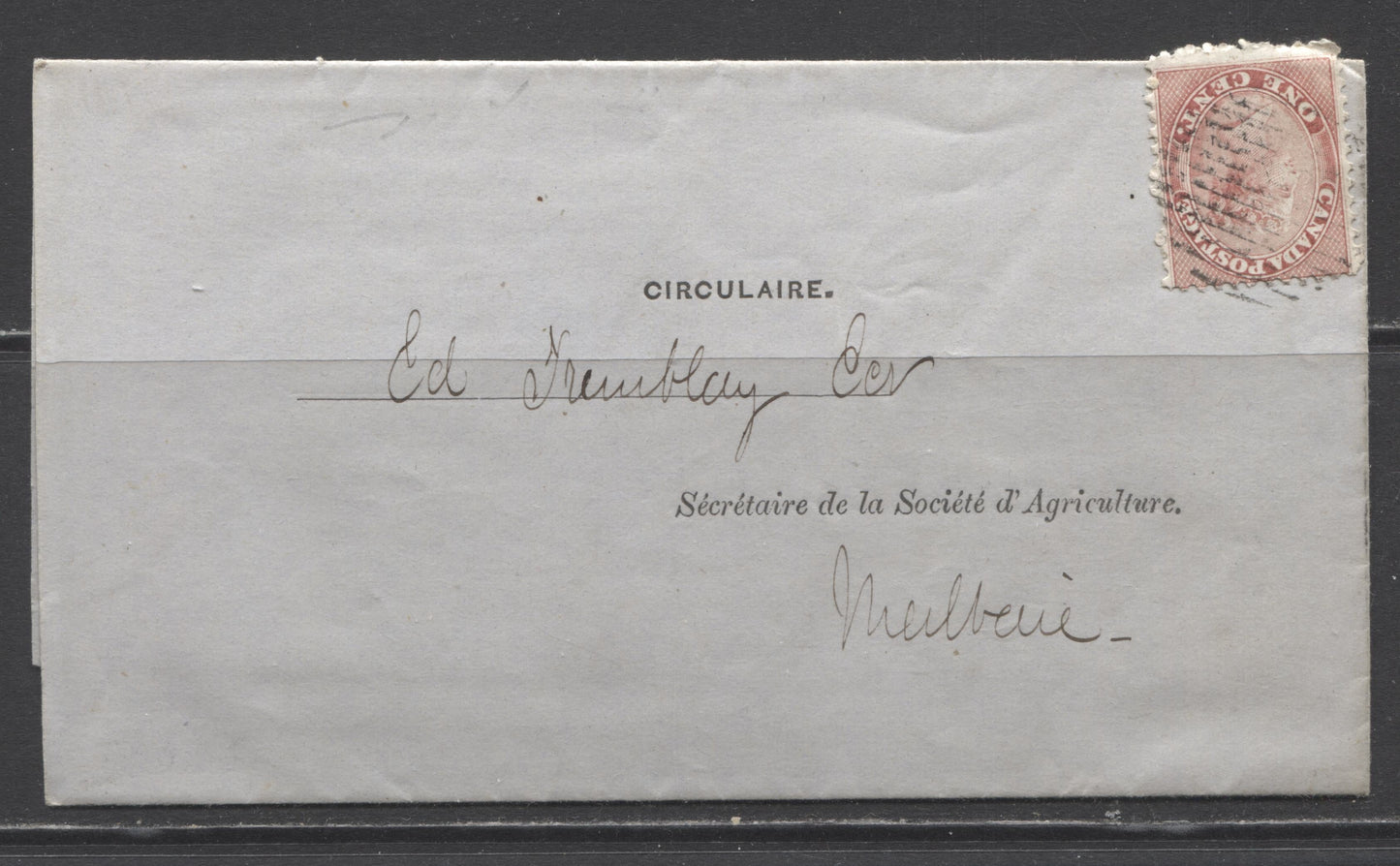 Lot 321 Canada #14 1c Rose, Queen Victoria, 1859-1867 First Cents Issue, Single Usage of Perf. 11.75 on December 1861 Circular