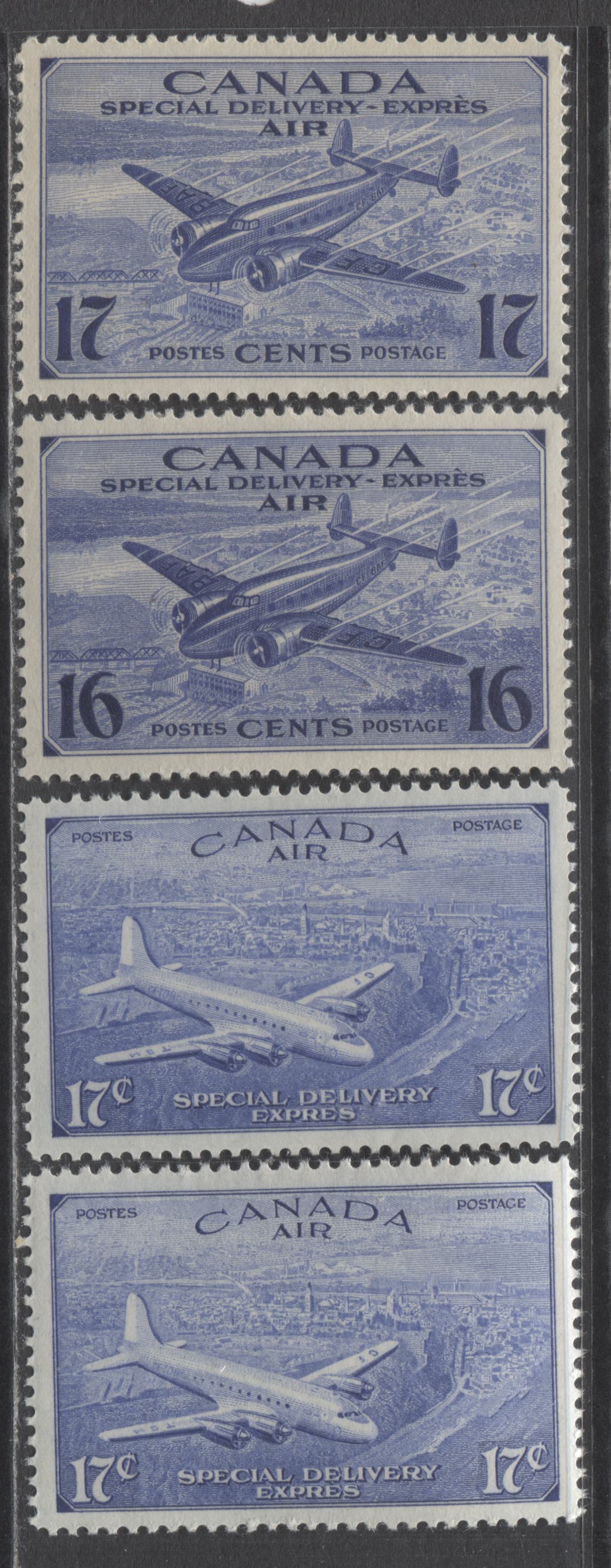 Lot 322 Canada #CE1-CE4 16c & 17c Bright Ultramarine Trans-Canada Airplane & D.C 4-M Airplane, 1942-1946 Airmail Special Delivery Issues, 4 VFNH Singles On Various Papers & Gums