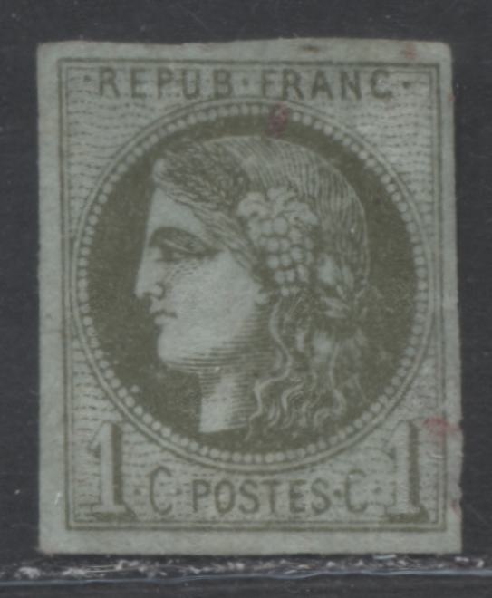 Lot 322 France SC#38a 1c Bronze Green On Pale Blue, 1st Transfer & Light Shading At Eye 1870-1871 Imperf Bordeaux Definitive Issue, A very good unused Example, 2022 Scott Classic Cat. $75 USD, Net Est. $18, Click on Listing to See ALL Pictures