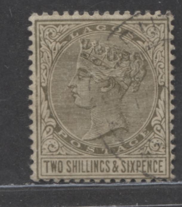 Lot 323 Lagos SG#27F (SC#33F) 2/6d Olive Black, Queen Victoria, 1884-1886 Second Crown CA Watermarked Issue, A VF Used Forgery With Watermark!, Net est. $150,  Click on Listing to See ALL Pictures