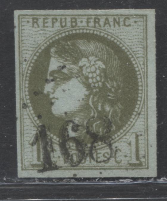 Lot 323 France SC#38a 1c Bronze Green On Pale Blue 1870-1871 Imperf Bordeaux Definitive Issue, A Fine Used Example, 2022 Scott Classic Cat. $155 USD, Net Est. $80, Click on Listing to See ALL Pictures