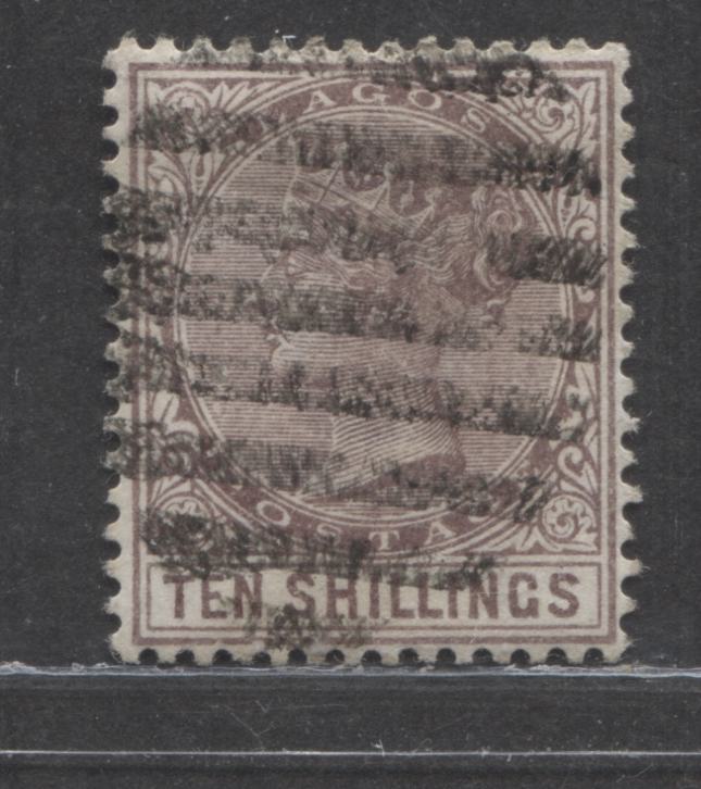 Lot 324 Lagos SG#29F (SC#37) 10/- Purple Brown, Queen Victoria, 1886 Crown CA Keyplate Issue, A VF Sperati Forgery, Signed by Him, Net Est. $500, 2022 Scott Classic Cat. For Genuine $2,000 USD,  Click on Listing to See ALL Pictures