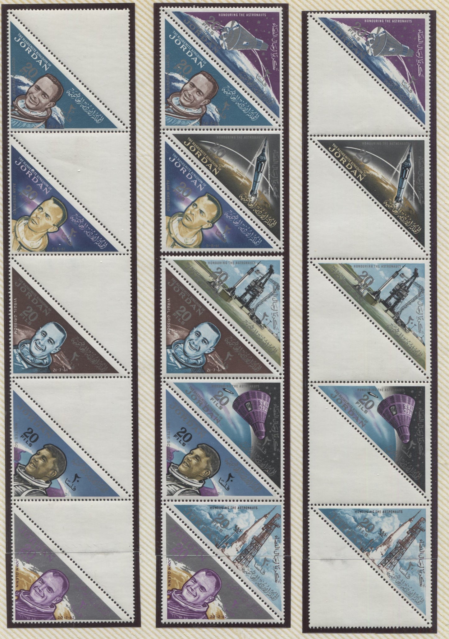 Lot 324 Jordan SC #434a-j 20f Multicolored 1964 Honouring The Austronauts Issue, A VFNH Selection of Split Block of 10 and Two Blocks of 5 Plus Blanks, Est. Cat. $24. Click on Listing to See ALL Pictures