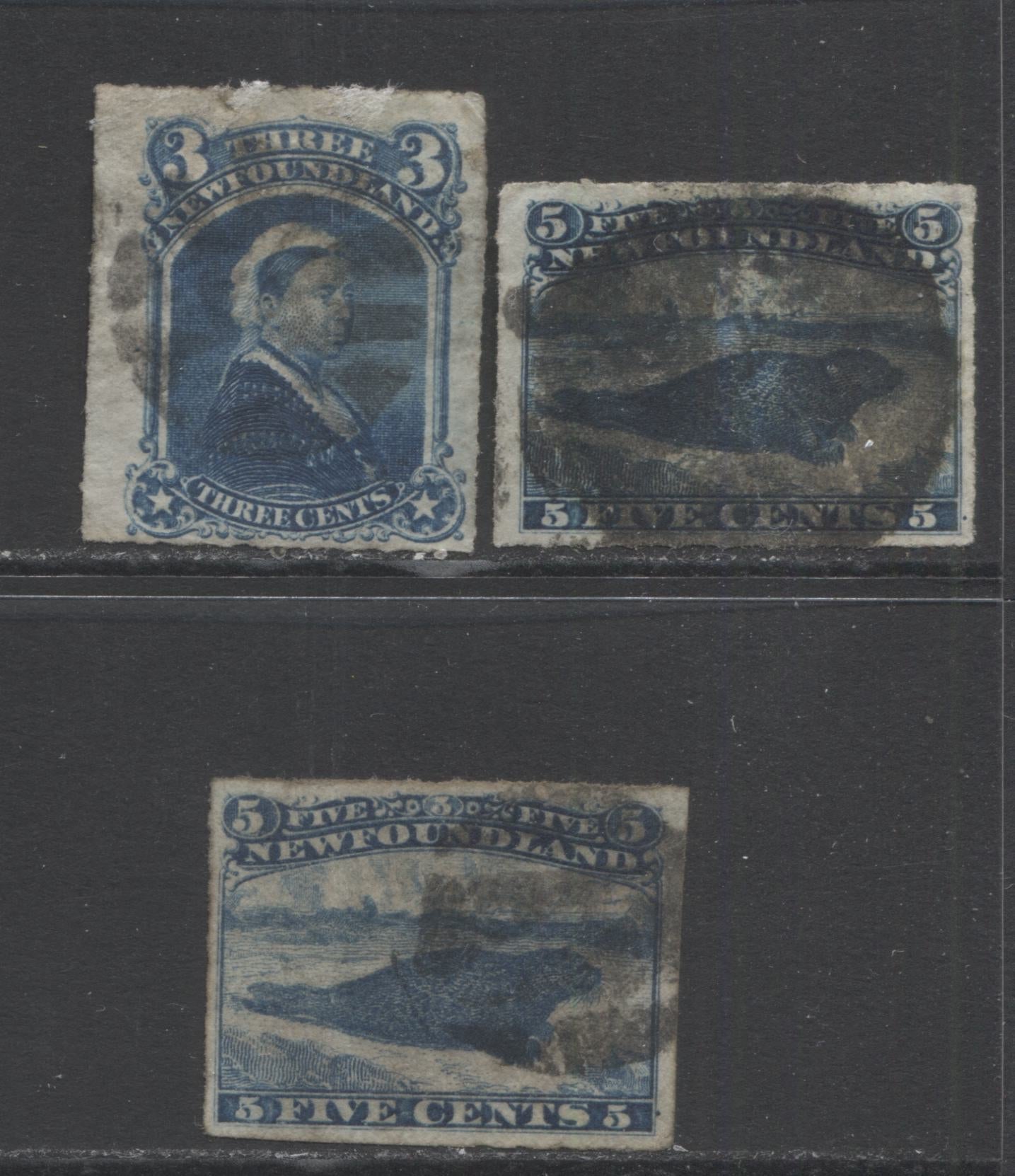 Lot 324 Newfoundland #39, 40 3c & 5c Blue Queen Victoria & Harpseal, 1876-1879 Rouletted Issues, 3 VG and Fine Used Singles