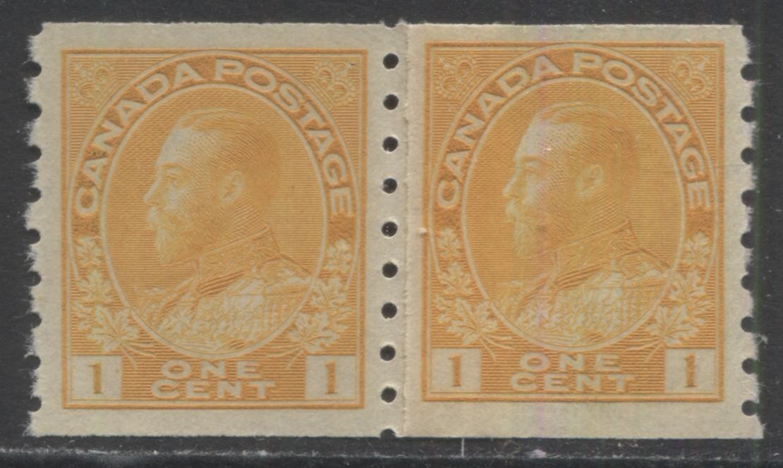 Lot 324 Canada #126i 1c Orange Yellow King George V, 1912-1924 Admiral Coil Issue, A VFNH Paste-Up Coil Pair, Die 2, Dry Printing, Perf 8 Vertical