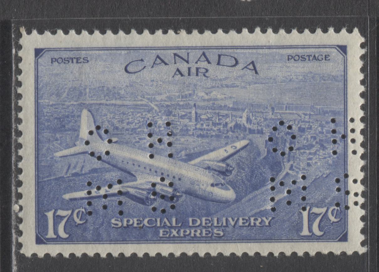 Lot 325 Canada #O10-CE4 17c Bright Ultramarine D.C 4-M Airplane, 1946 4 Hole OHMS Perfin Airmail Special Delivery Issue, A VFNH Single On Vertical Wove Paper With Cream Gum, Position A, Corrected Grave Accent