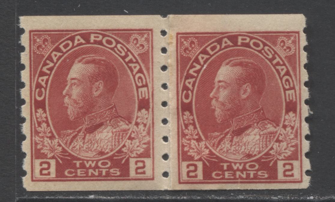 Lot 325 Canada #127i 2c Carmine King George V, 1912-1924 Admiral Coil Issue, A VFNH Paste-Up Coil Pair, Perf 8 Vertical, Marks in NA Of Canada On Left Stamp