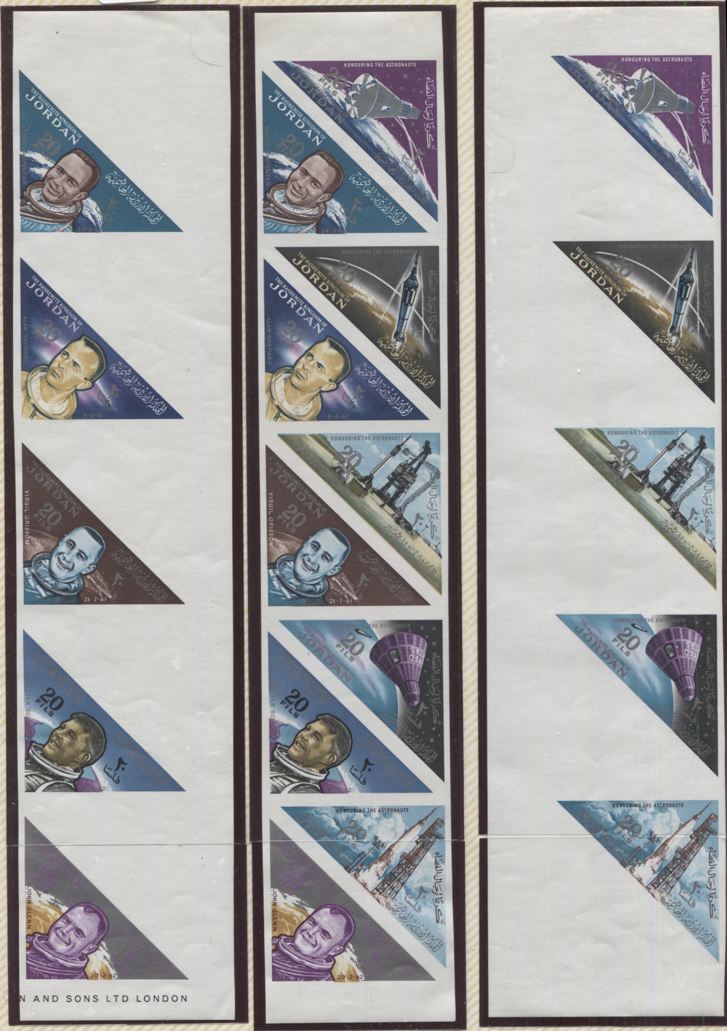 Lot 325 Jordan SC #434a-j 20f Multicolored 1964 Honouring The Austronauts Issue, A VFNH Selection of Imperf Block of 10 and Two Blocks of 5 Plus Blanks, Est. Cat. $24. Click on Listing to See ALL Pictures