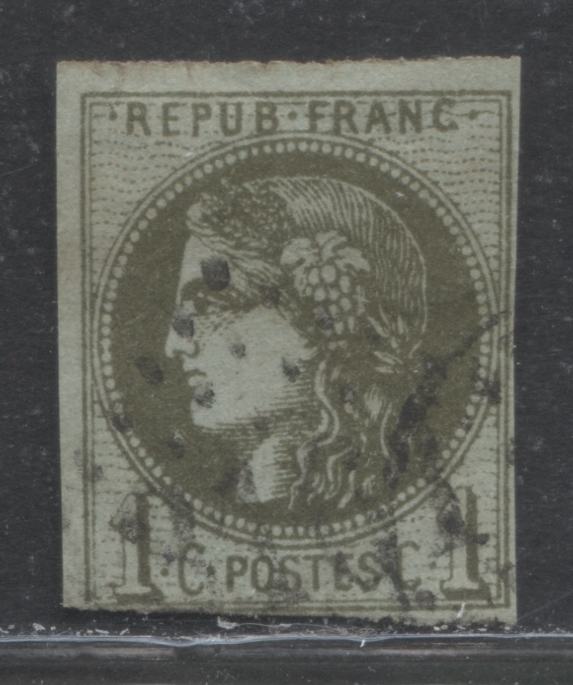 Lot 325 France SC#38a 1c Bronze Green On Pale Blue 1870-1871 Imperf Bordeaux Definitive Issue, A Very Good Used Example, 2022 Scott Classic Cat. $155 USD, Net. Est. $40, Click on Listing to See ALL Pictures