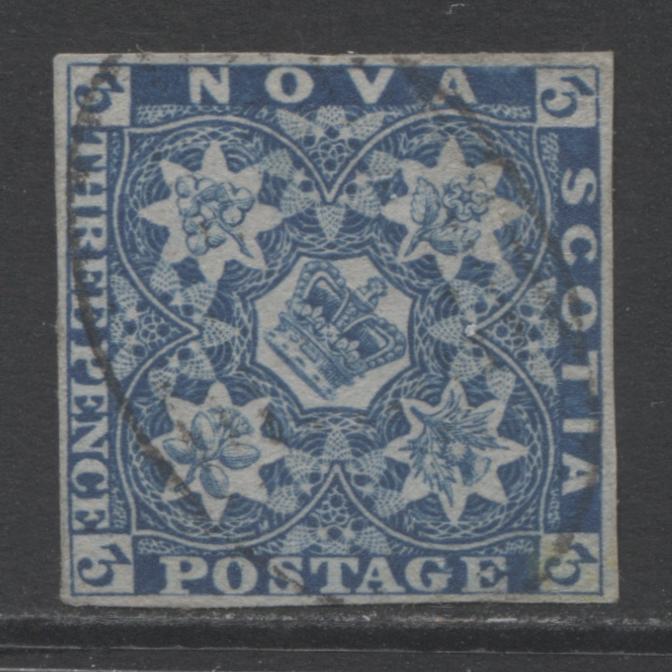 Lot 326 Nova Scotia #2 3d Blue Crown and Flowers, 1851-1857 Pence Issue, A VF Used Example  On Bluish Paper